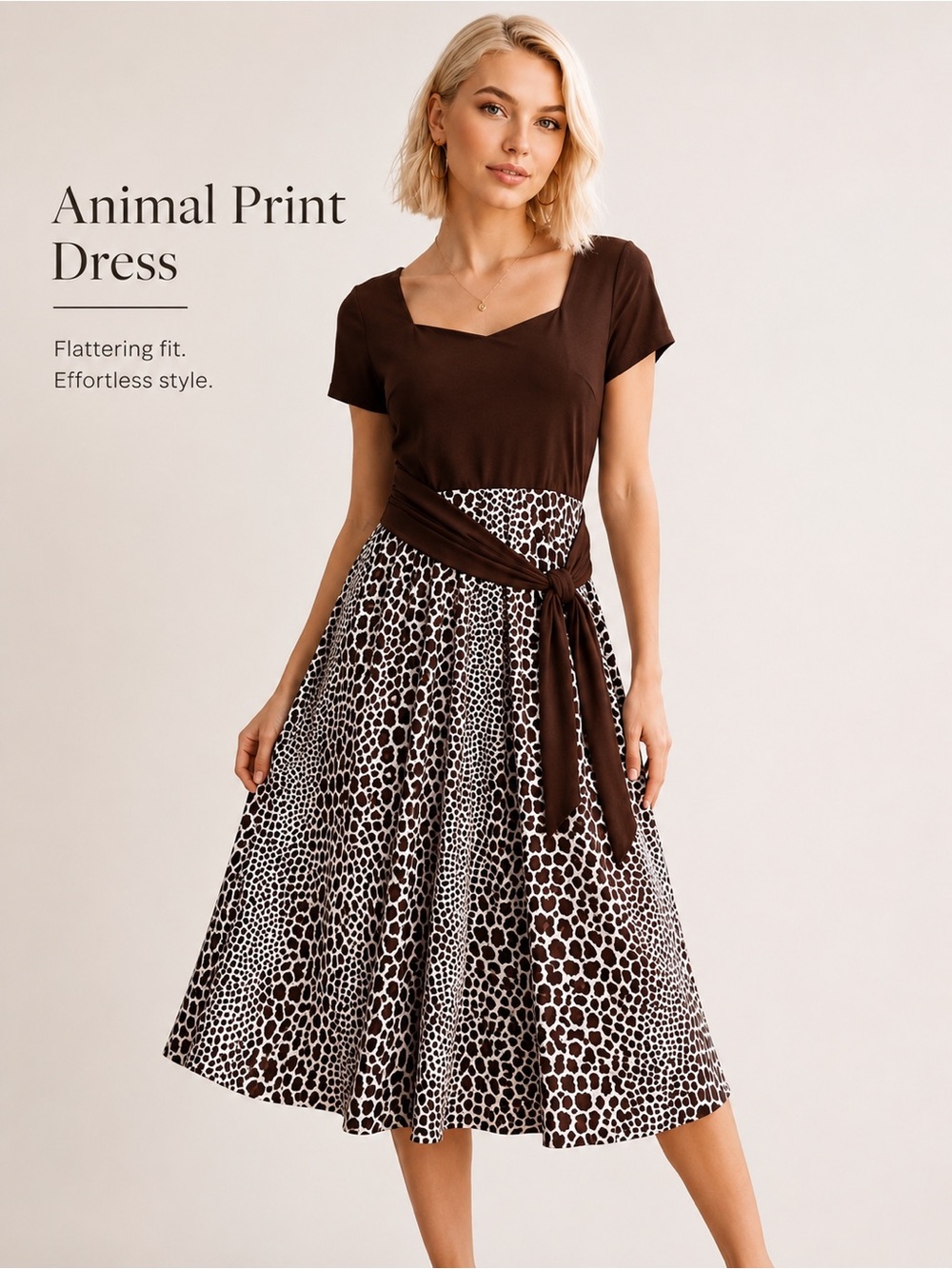 DressBarn Brown Animal Print Midi Dress Size 8 Stretch Fit Tie Waist Like New